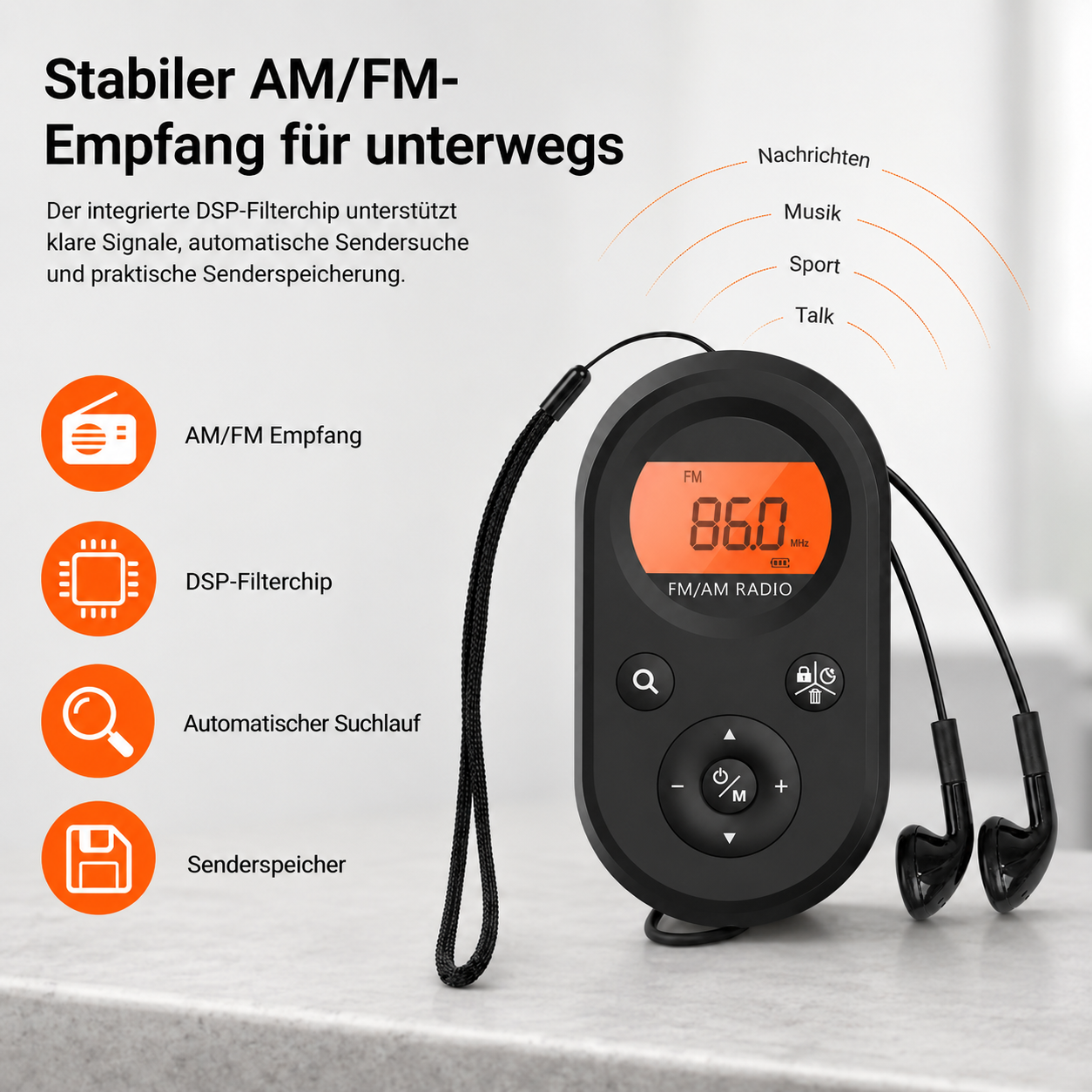 Ein schwarzer AM/FM-Radio mit Kopfhörern und einem Display.