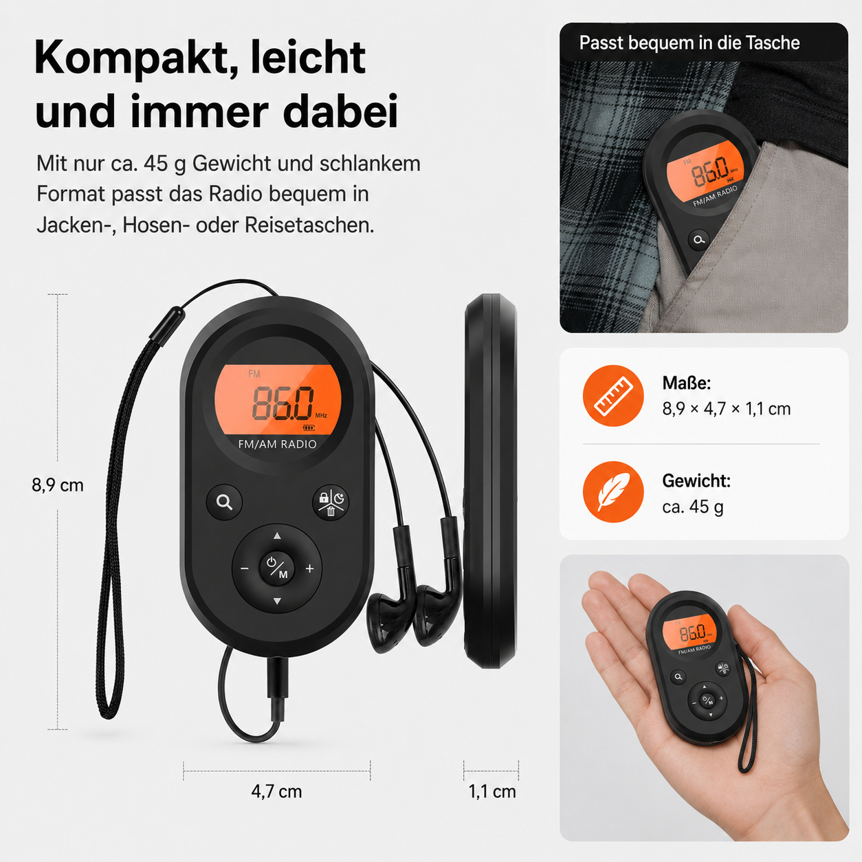 Ein kompaktes schwarzes FM/AM-Radio mit Kopfhörern, 8,9x4,7x1,1 cm, 45g.