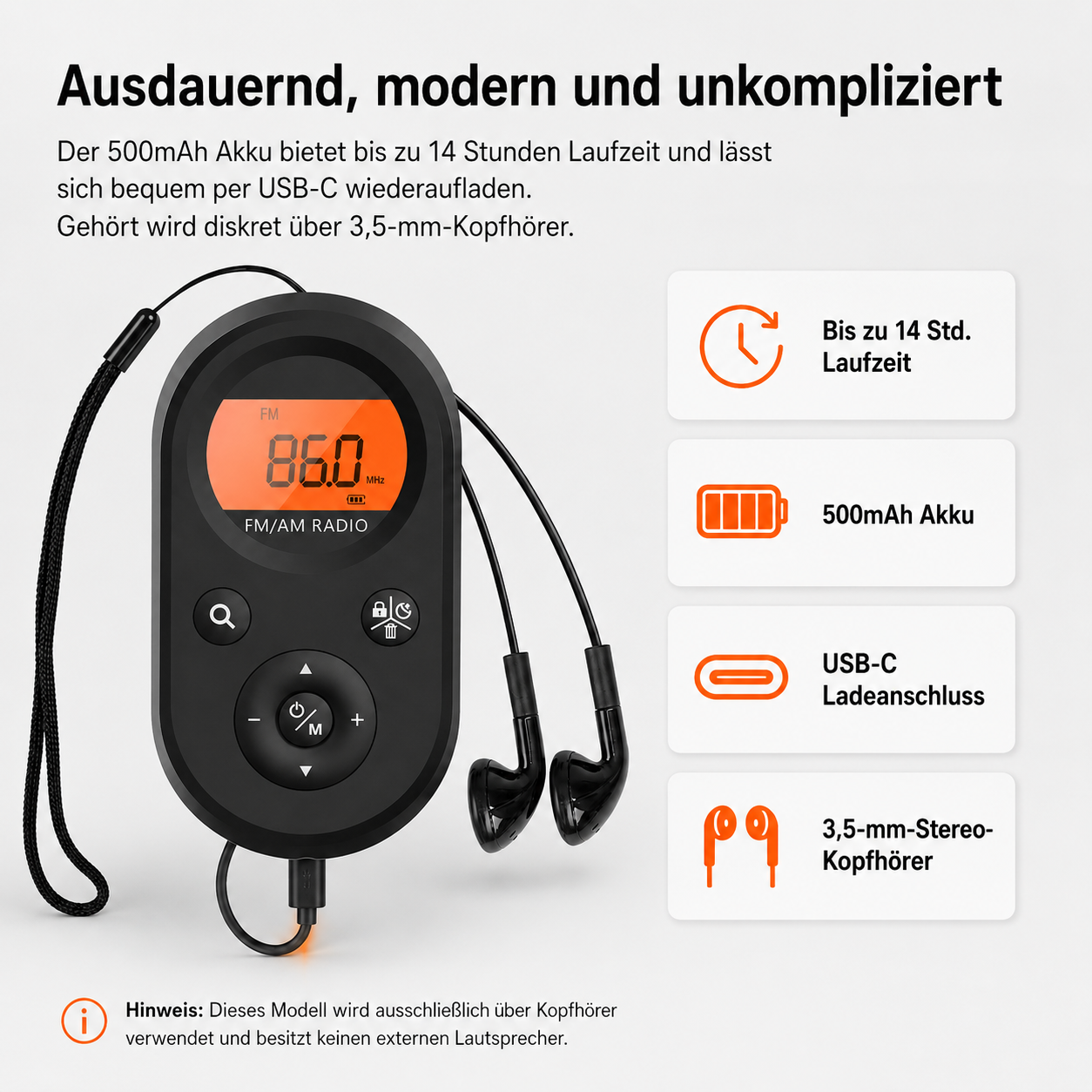 Schwarzer FM/AM-Radio mit Kopfhörern, USB-C und 14 Std. Akku.