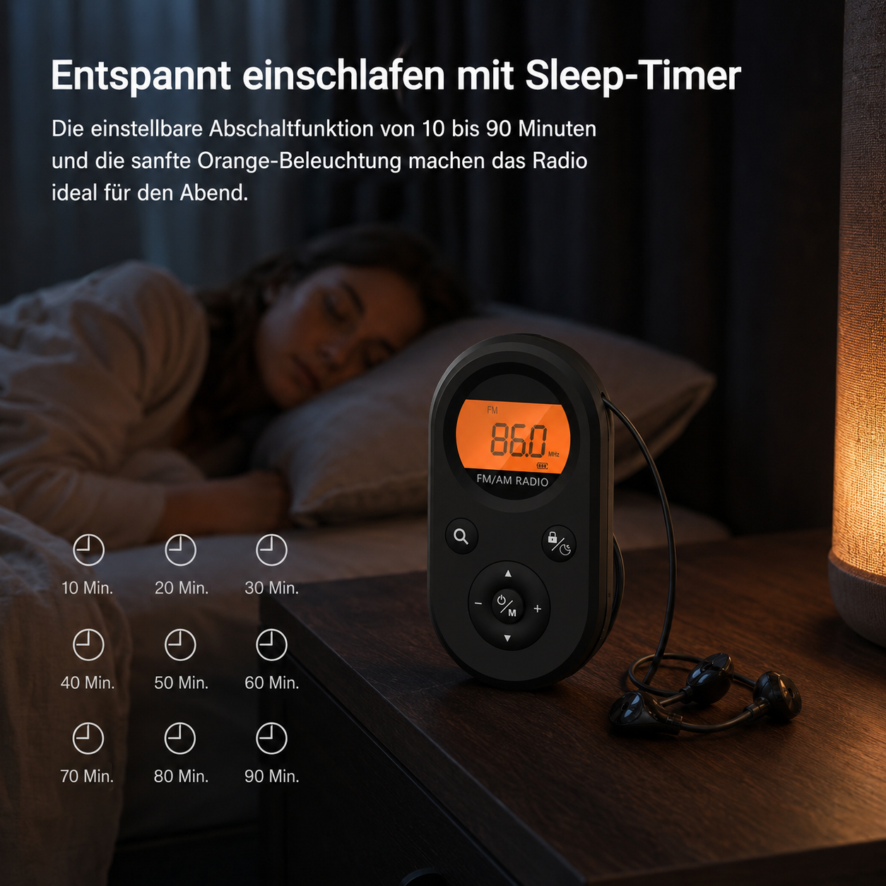 Ein Radio mit Sleep-Timer und orangenem Display steht neben einem schlafenden Mädchen.