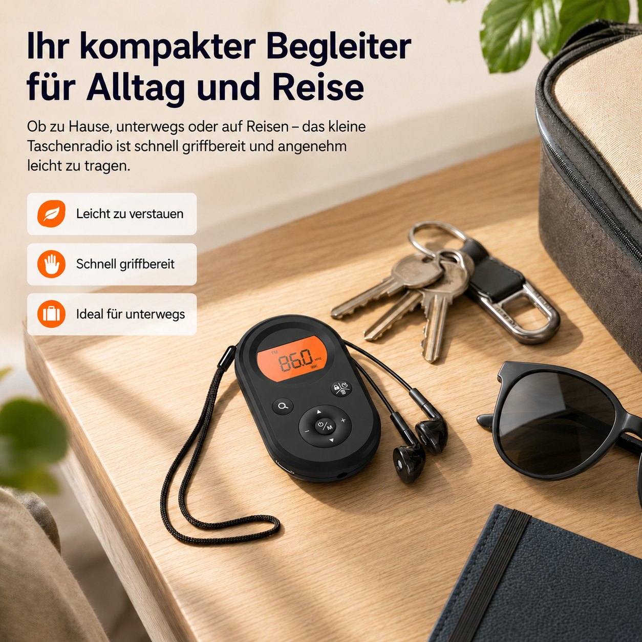 Ein schwarzes tragbares Radio mit Ohrhörern, Schlüsseln und Sonnenbrille auf einem Holztisch.