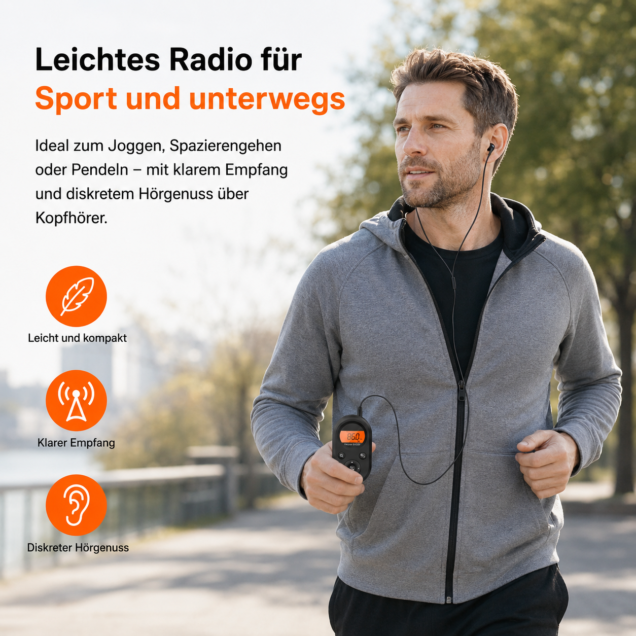 Mann mit Kopfhörern und kleinem Radio beim Joggen, mit Text und Icons.