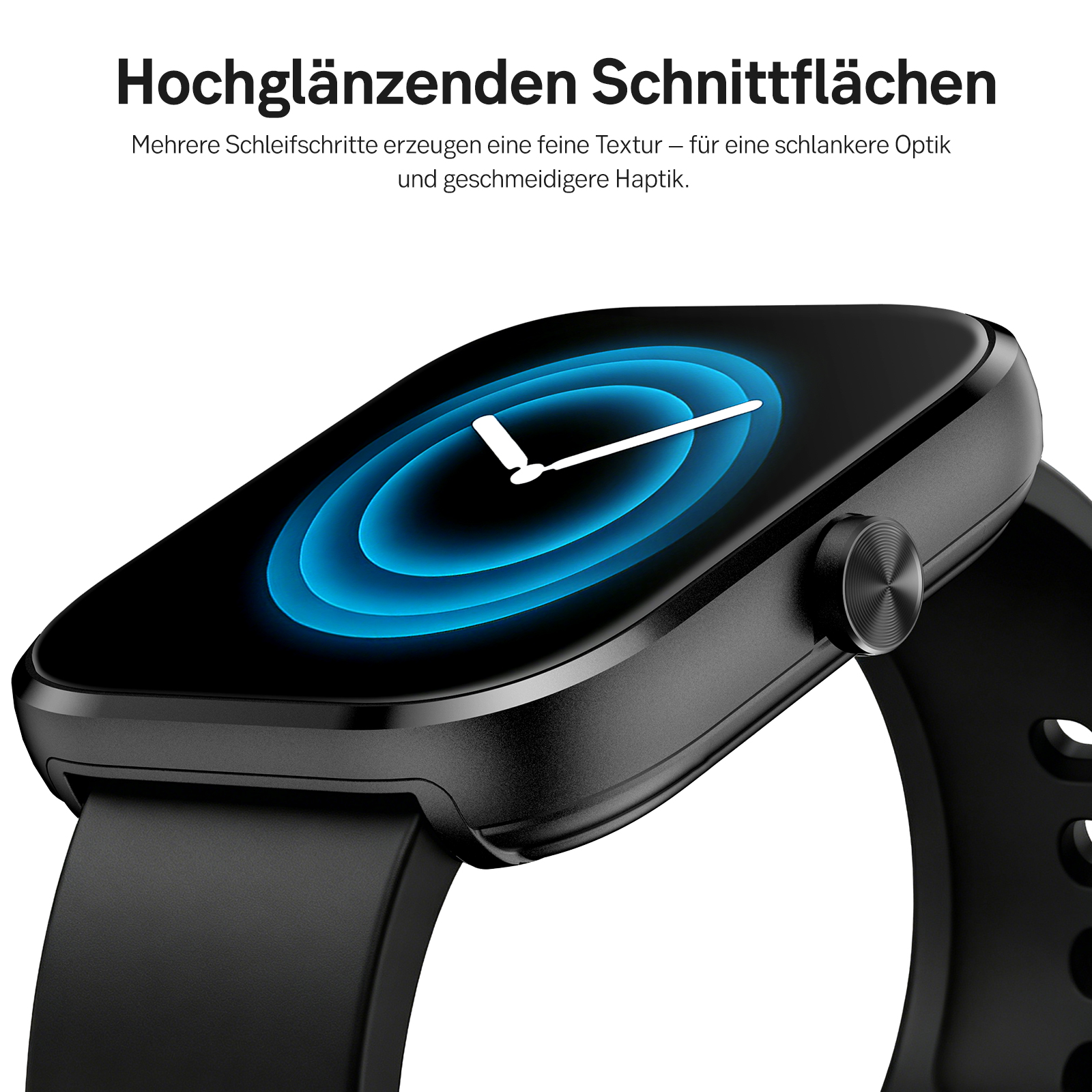 Schwarze Smartwatch mit blau leuchtender kreisförmiger Anzeige und weißen Zeigern.