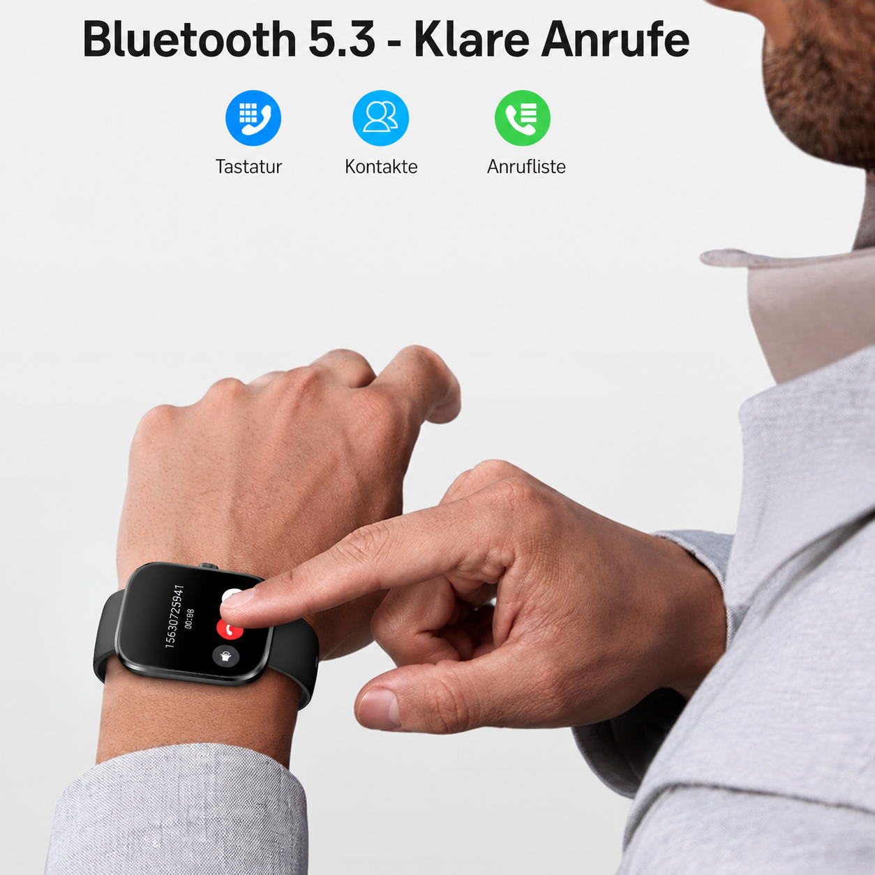 Mann mit Smartwatch, die einen Anruf tätigt. Bluetooth 5.3.
