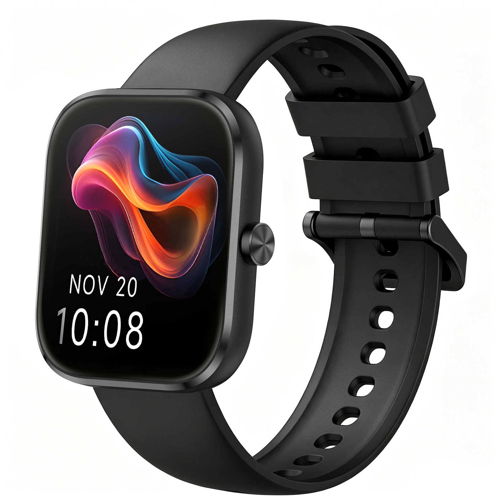 Schwarze Smartwatch mit buntem Zifferblatt und Datum/Uhrzeit.