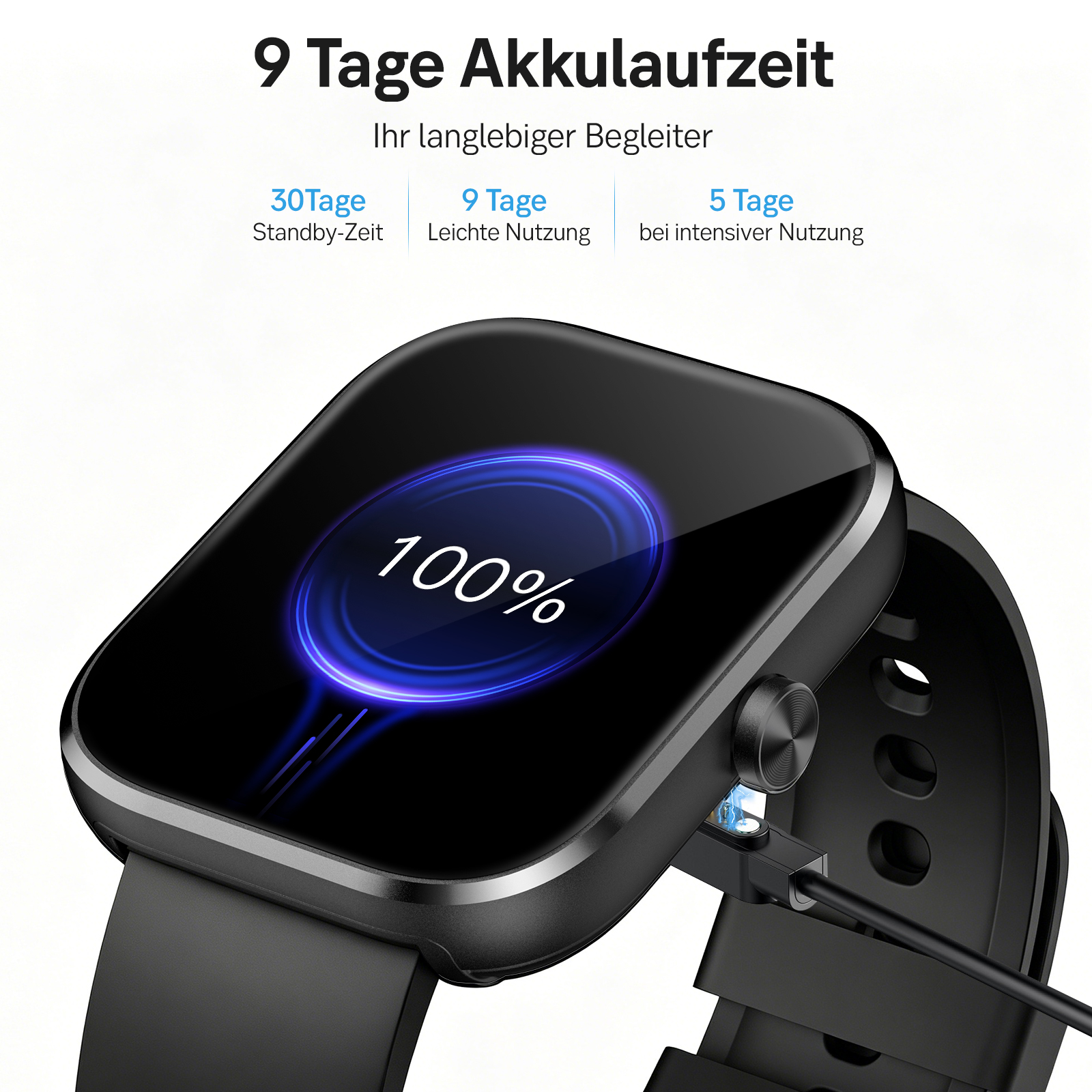 Smartwatch wird geladen, Bildschirm zeigt 100% Akku. Text erwähnt 9 Tage Akkulaufzeit.