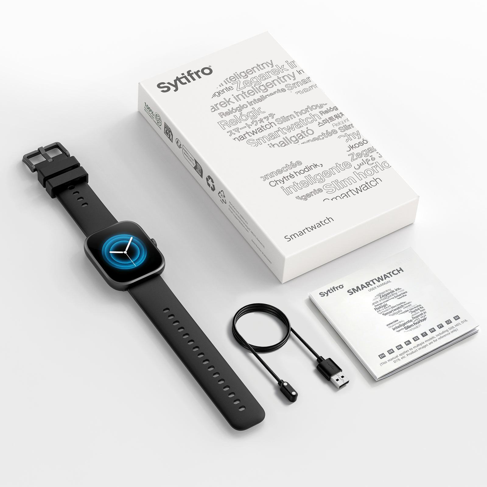 Ein schwarzes Smartwatch-Set mit Box, Ladekabel und Handbuch auf weißem Hintergrund.