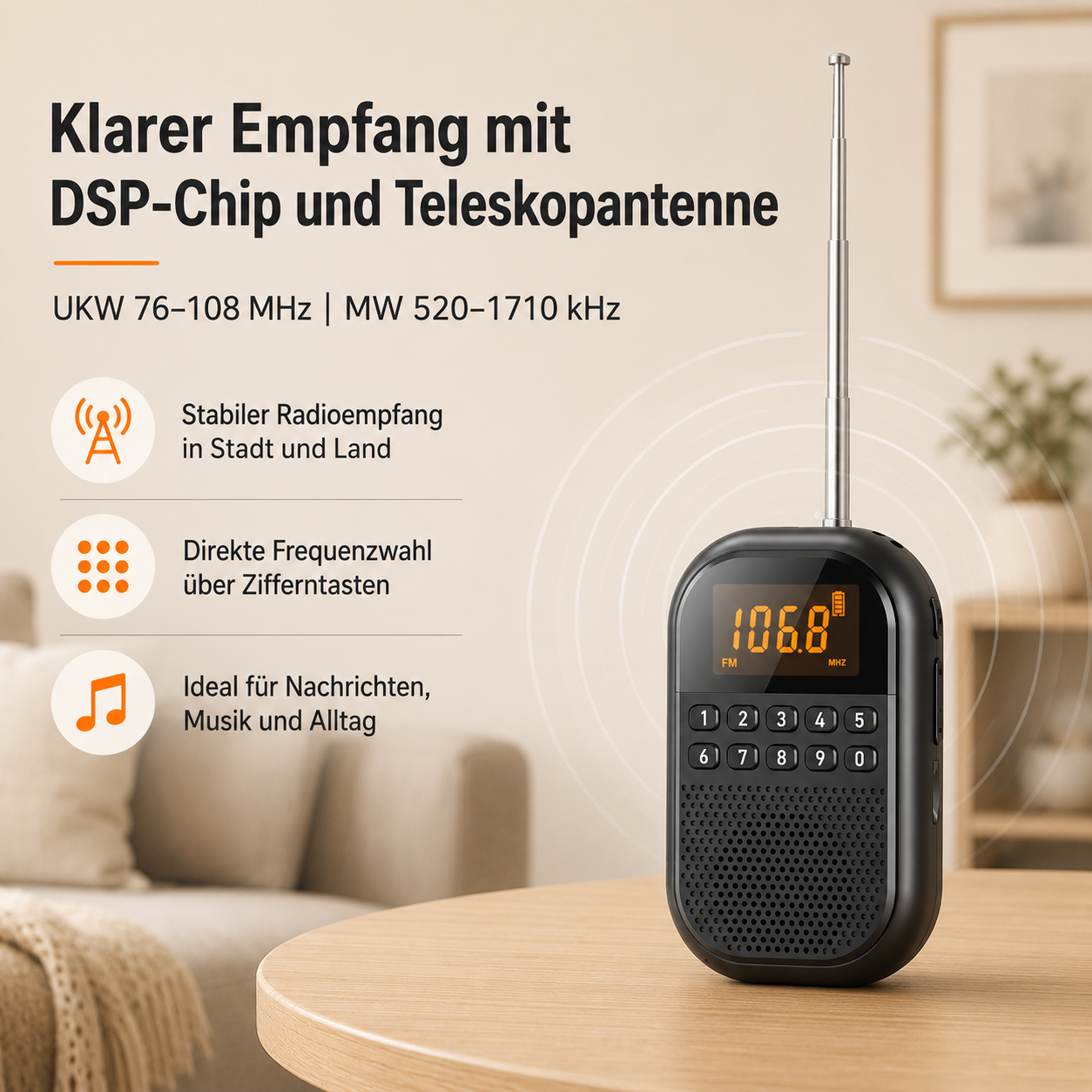 Ein schwarzes tragbares Radio mit silberner Antenne steht auf einem Holztisch. Das Display zeigt 106.8 FM MHz.