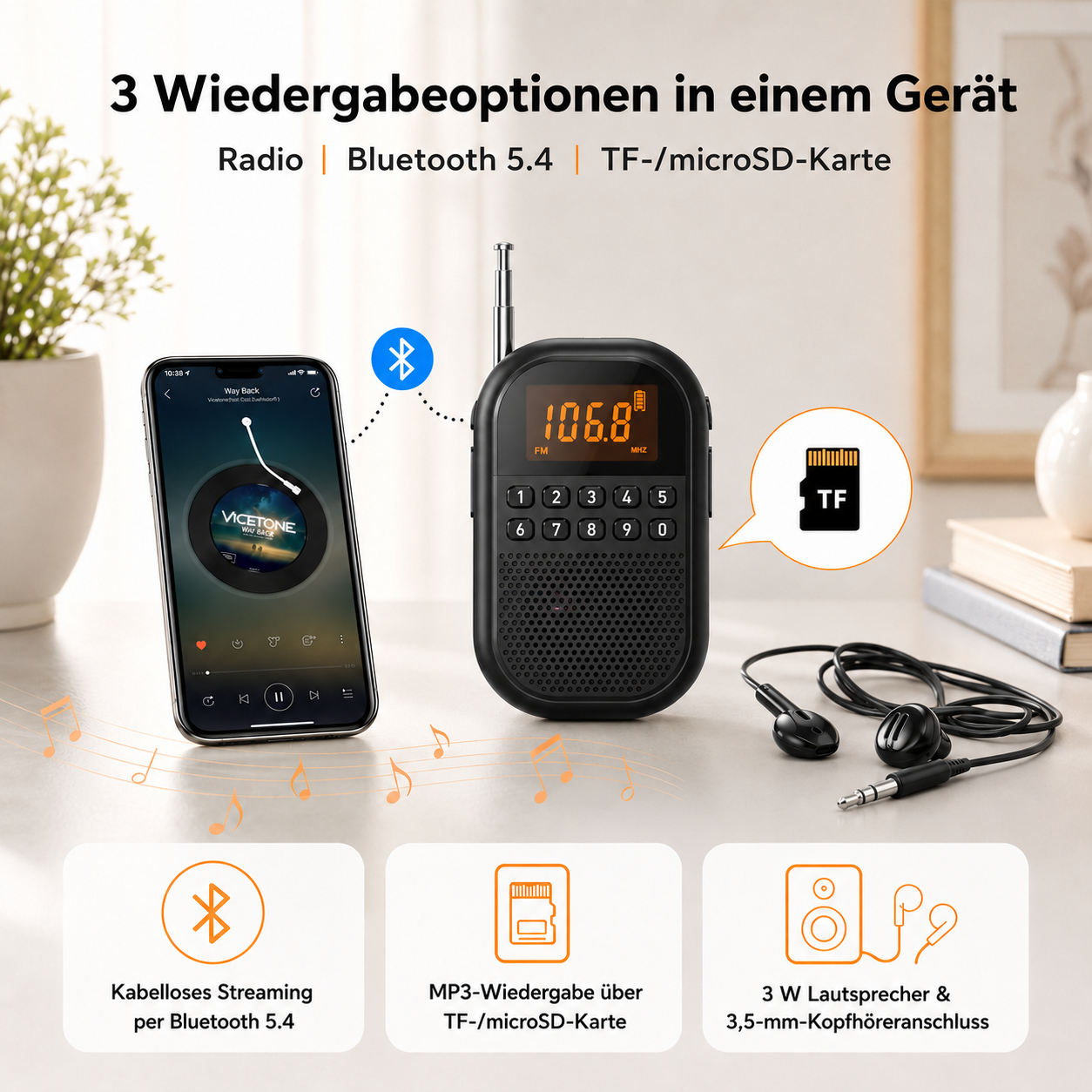 Ein Radio mit Telefon, Kopfhörern und TF-Karte. Drei Wiedergabeoptionen.