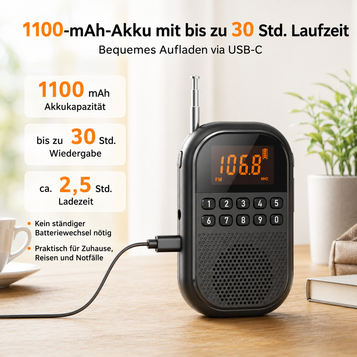 Ein schwarzer tragbarer Radio mit USB-C-Anschluss und digitaler Anzeige.