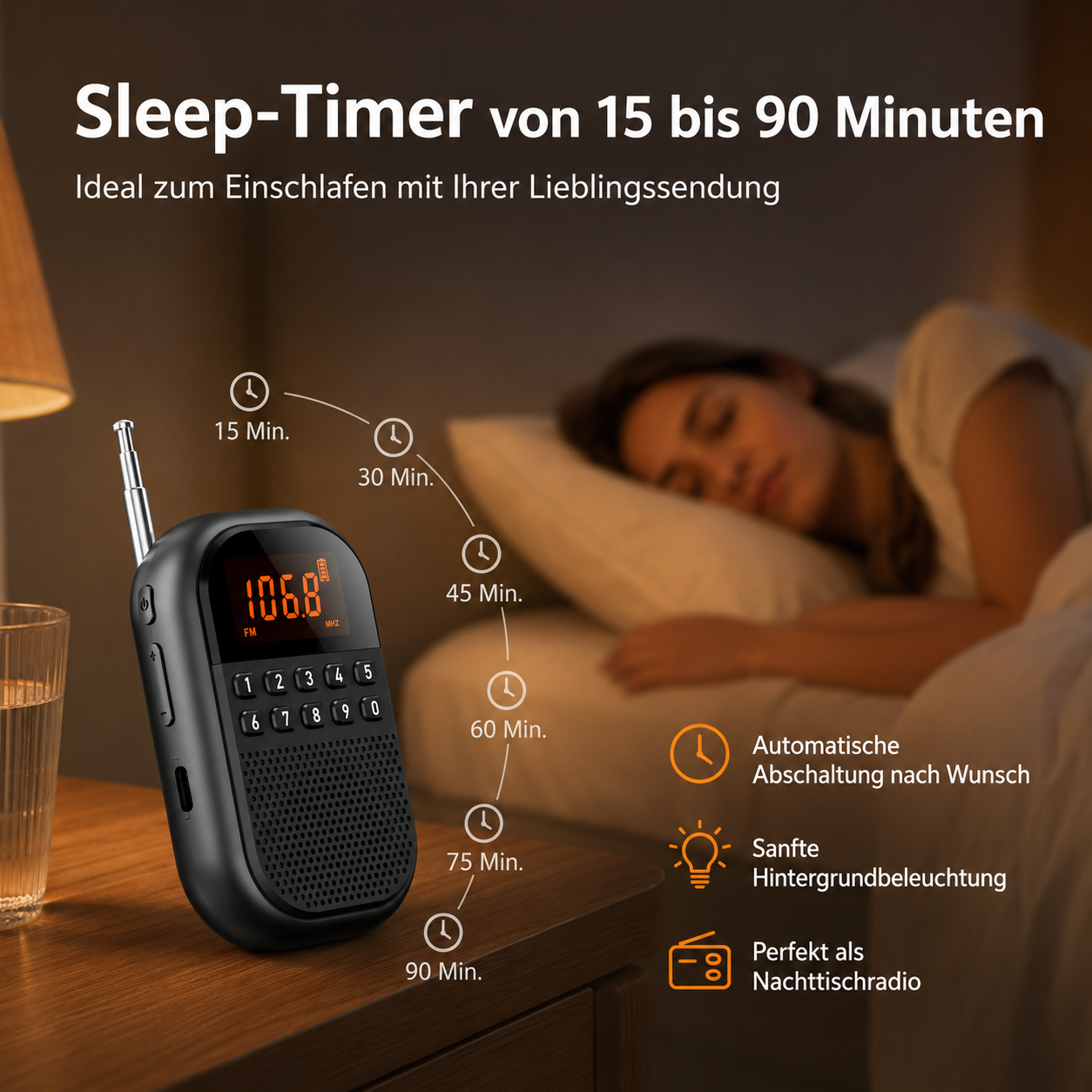 Ein schwarzes Radio mit Timer-Optionen liegt auf einem Nachttisch neben einer schlafenden Frau.
