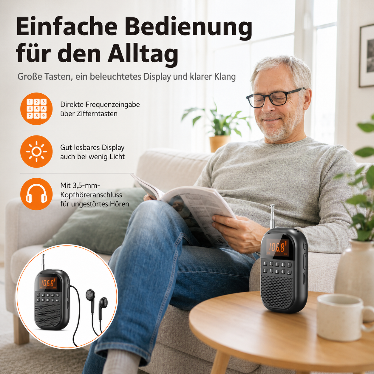 Mann im Sessel liest Buch, neben ihm ein Radio mit Kopfhörern.