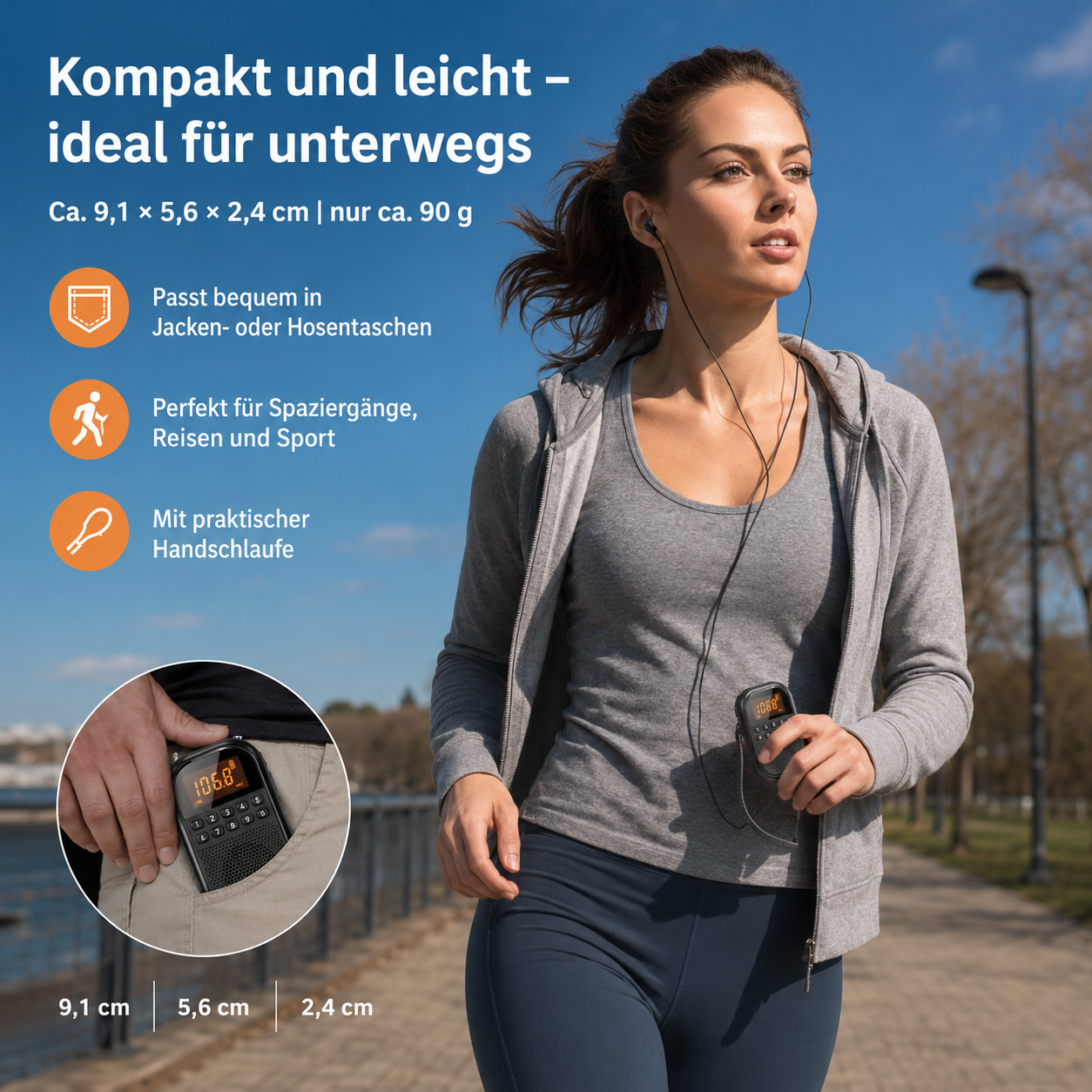 Eine Frau läuft mit einem kleinen schwarzen Radio in der Hand, das sie hält.