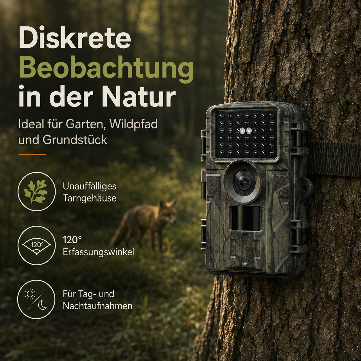 Eine Tarnkamera ist an einem Baum montiert, im Hintergrund ein Fuchs.