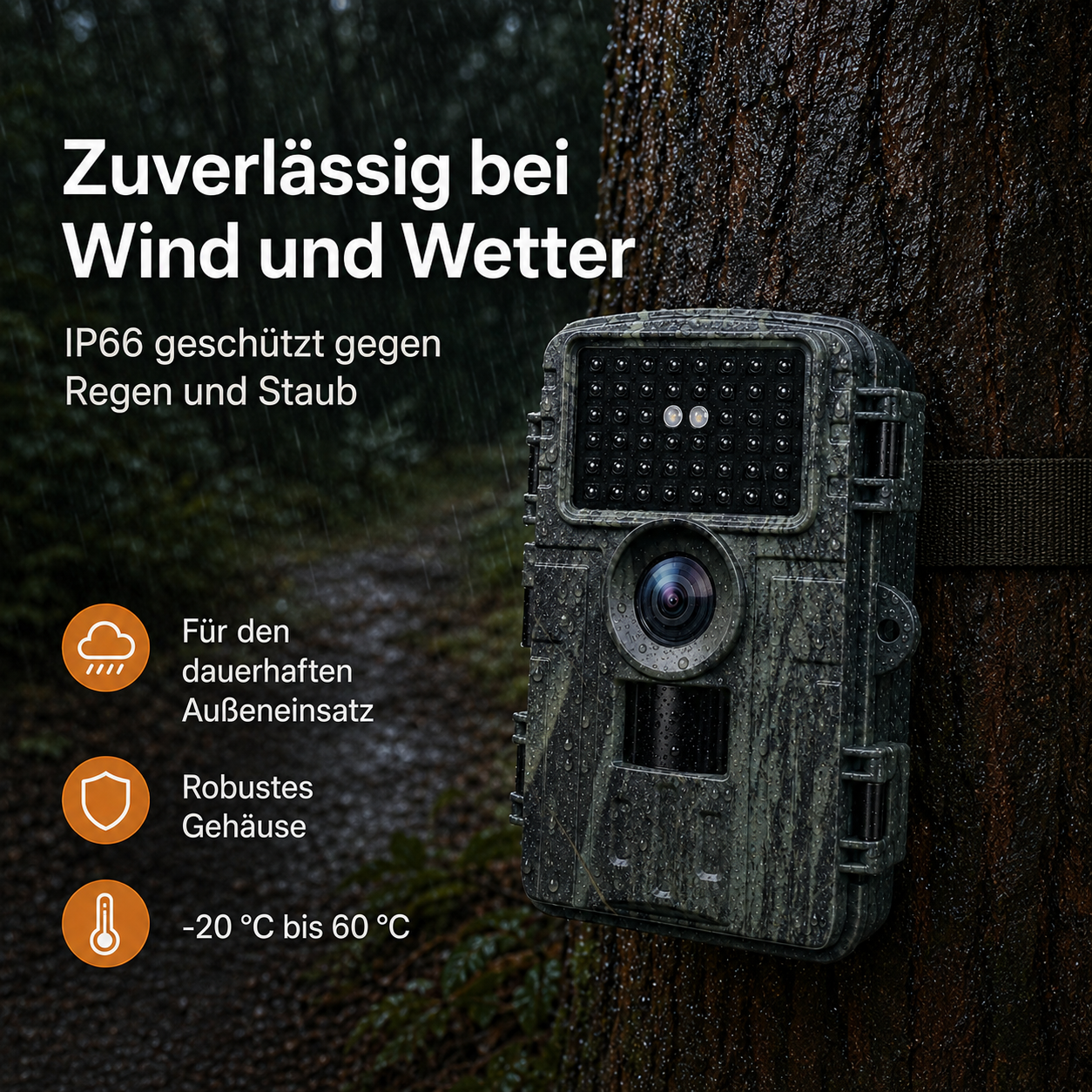 Eine grüne Wildkamera mit Tarnmuster hängt an einem Baum im Regen.