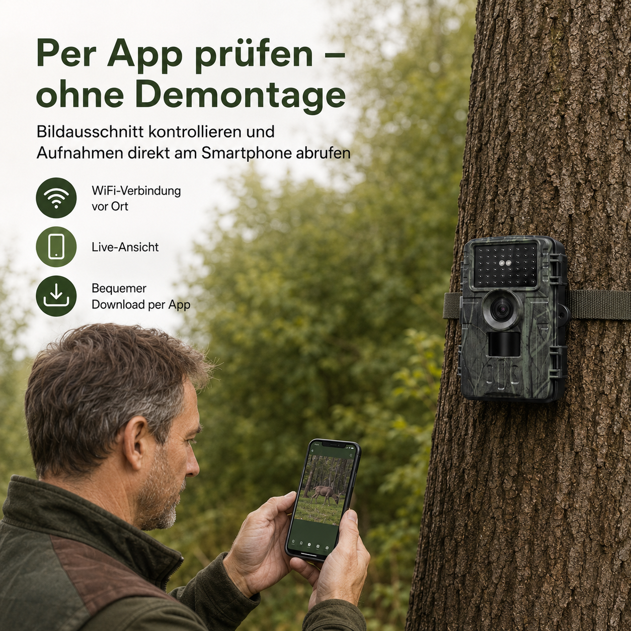 Mann mit Smartphone prüft Wildkamera an Baum: WiFi, Live-Ansicht, Download.
