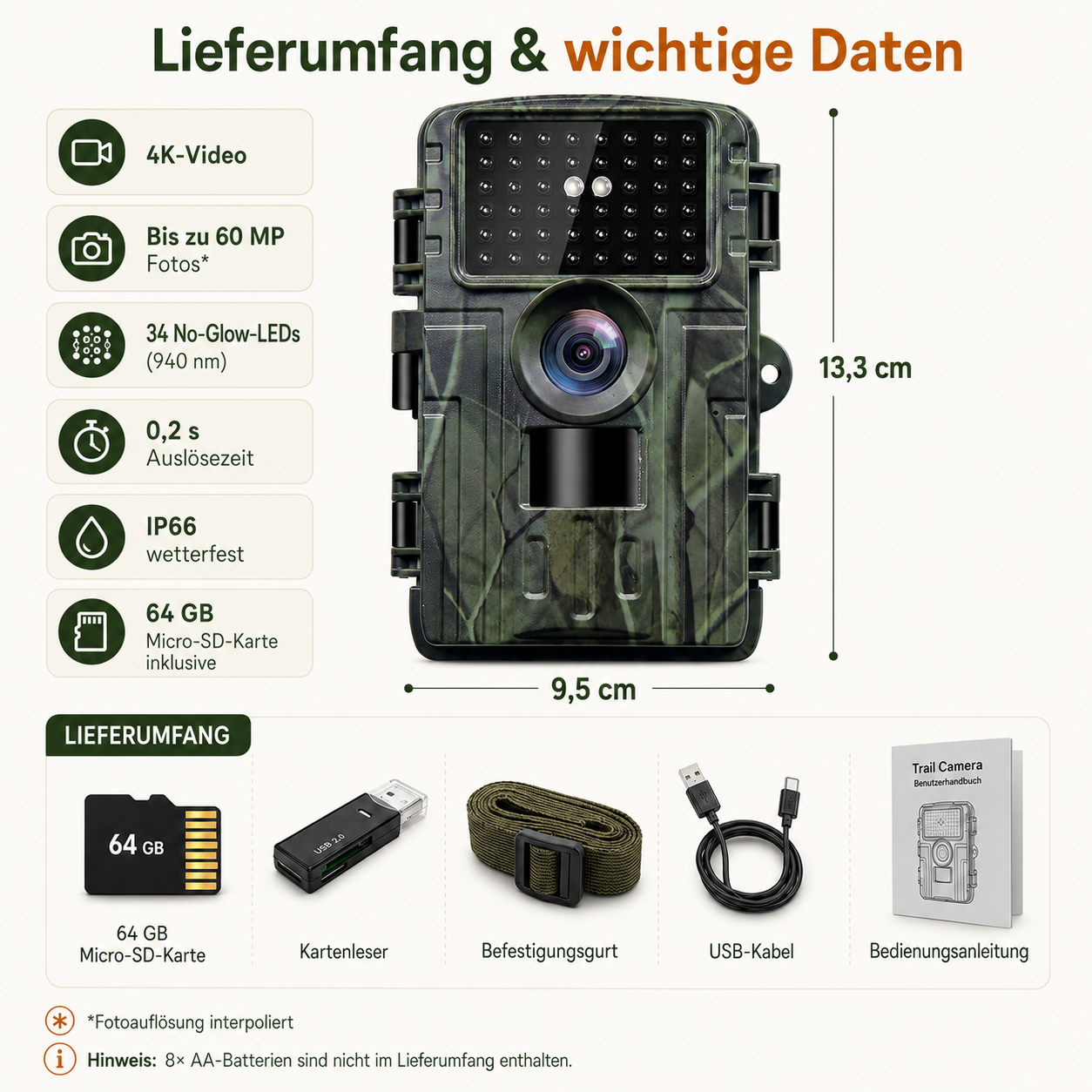 Wildkamera mit Zubehör: 64GB Karte, USB-Kabel, Gurt, Anleitung. Daten: 4K, 60MP, IP66.