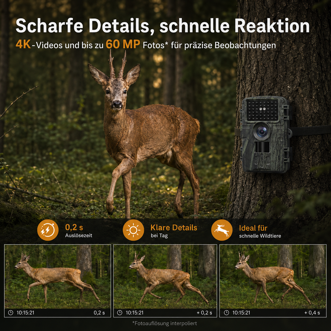 Ein Reh steht im Wald vor einer Wildkamera; unten sind drei Fotos.