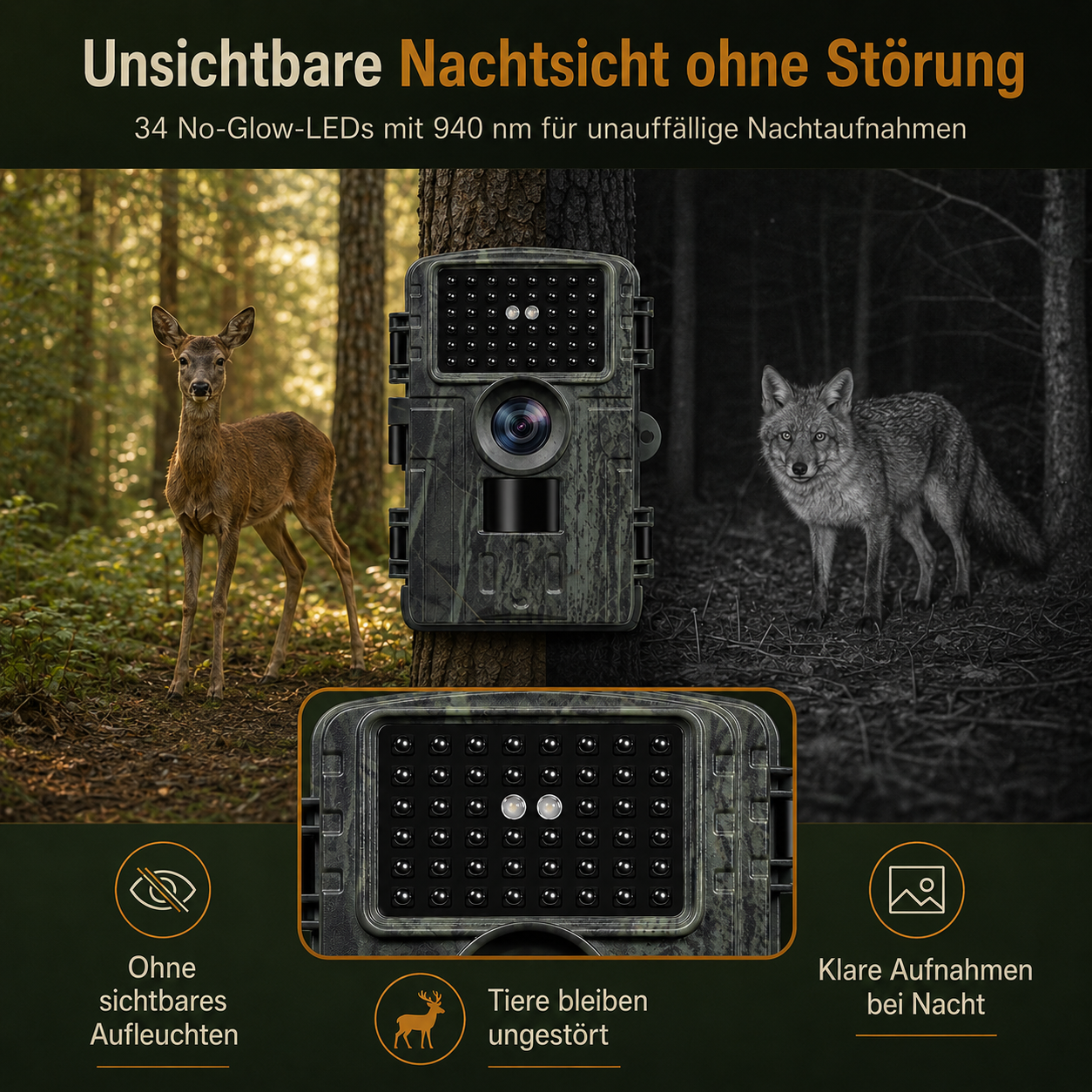 Wildkamera mit 34 No-Glow-LEDs: Reh, Fuchs und Nahaufnahme der LEDs.