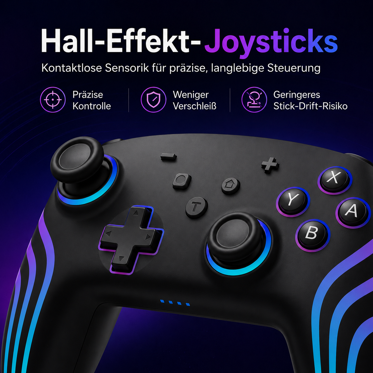 Schwarzer Gamecontroller mit Hall-Effekt-Joysticks und lila/blauer Beleuchtung.