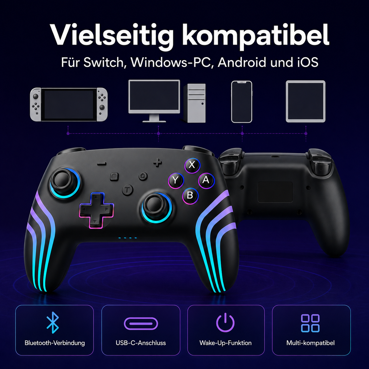 Ein schwarzer Controller mit bunten Lichtern, kompatibel mit vielen Geräten.