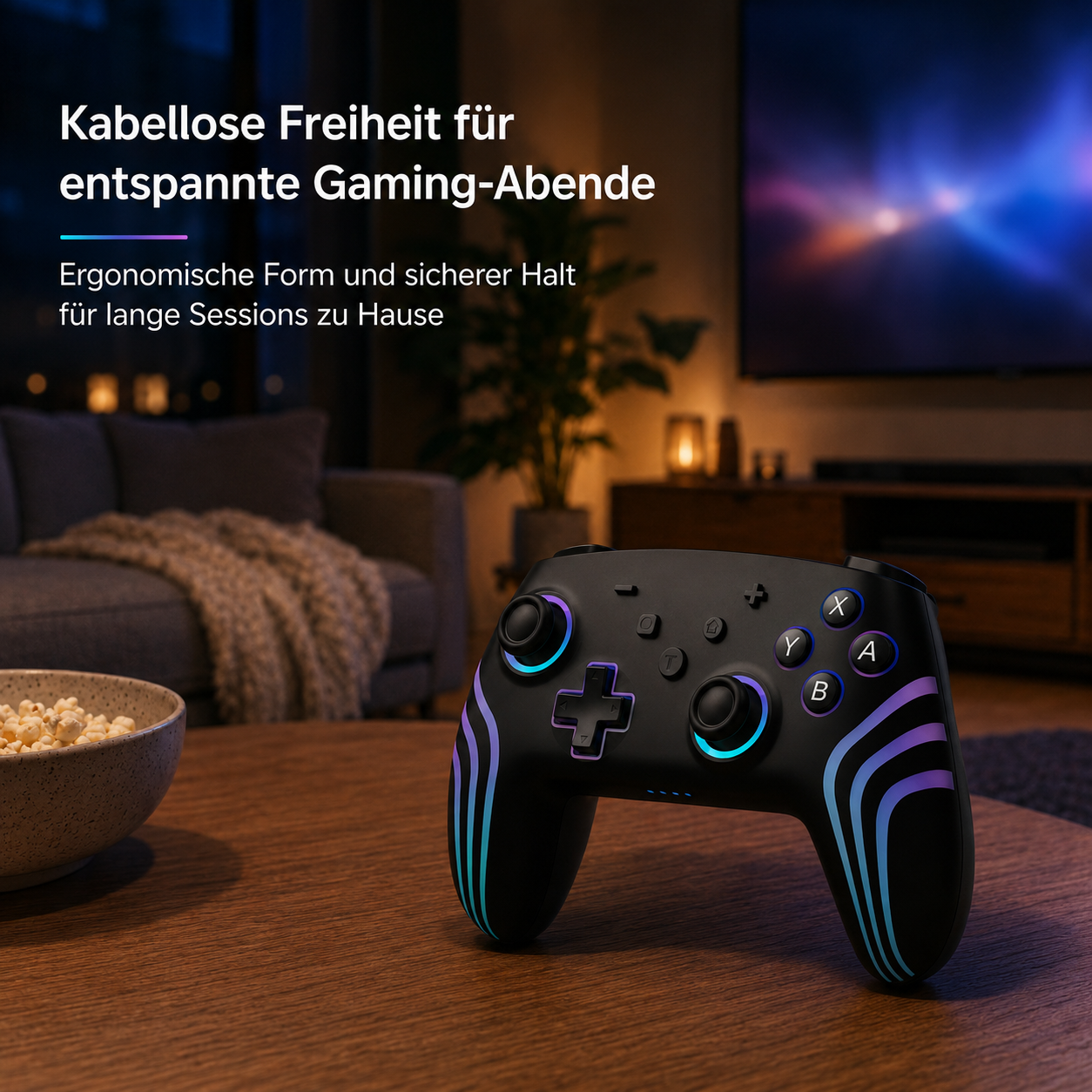 Schwarzer Gaming-Controller mit bunten LED-Streifen, liegt auf einem Holztisch.