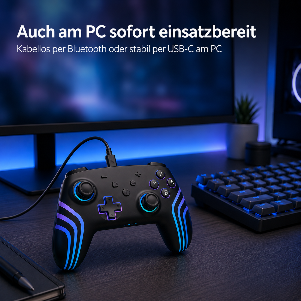 Ein schwarzer Controller mit blauen und violetten Lichtern, kabelgebunden an einen PC.