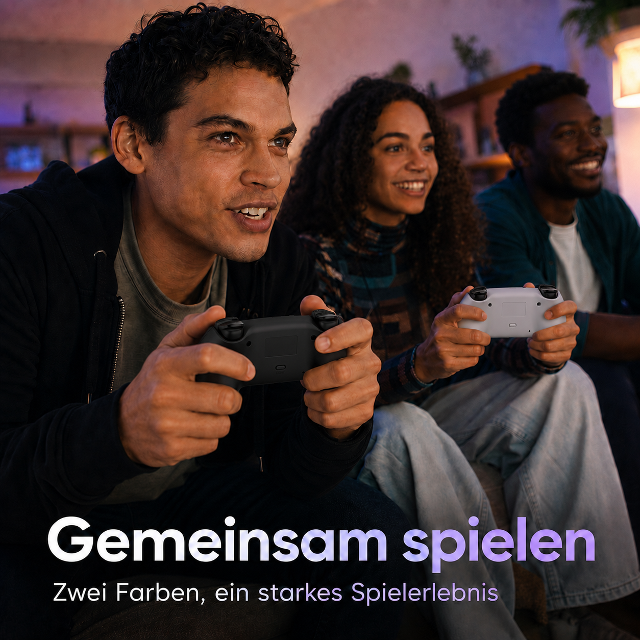 Drei Freunde spielen gemeinsam Videospiele auf einem Sofa, sie halten Controller.