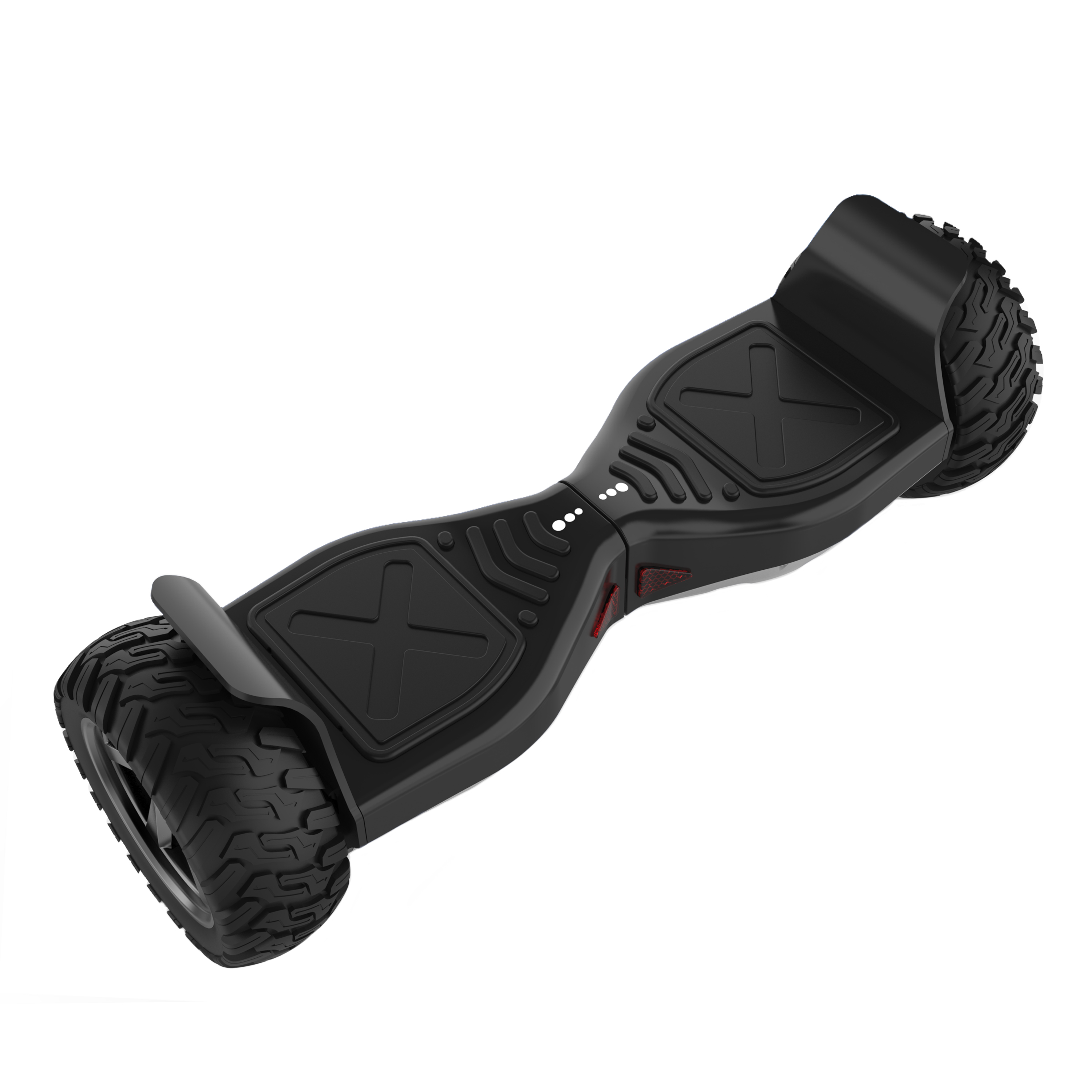Zwarte hoverboard met ruige banden en X-vormige voetsteunen.