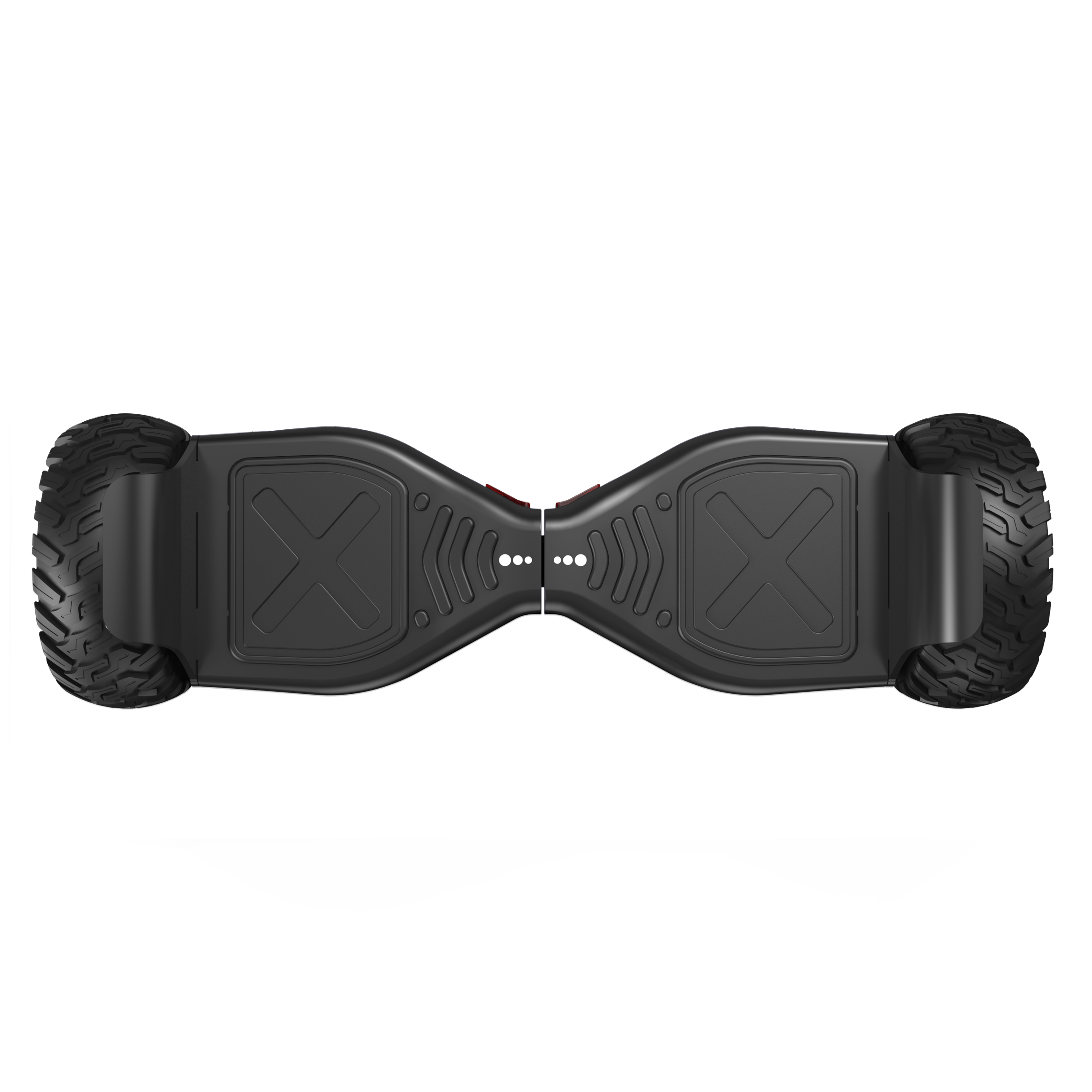 Zwarte hoverboard met ruige banden en rode accenten.