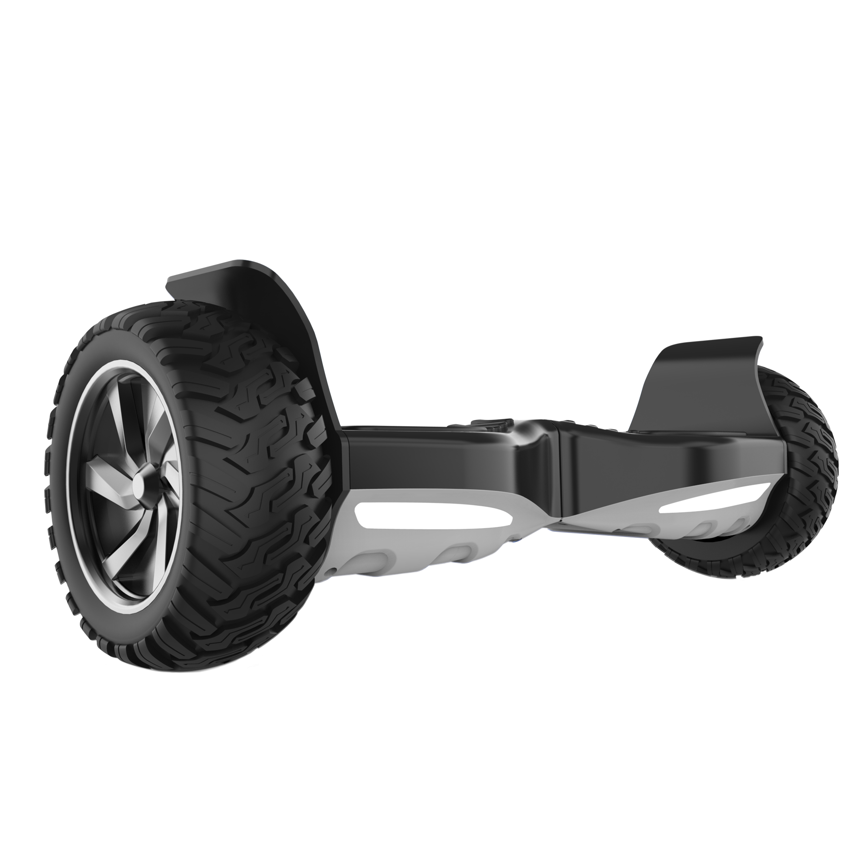 Een zwart hoverboard met brede banden en zilveren velgen.
