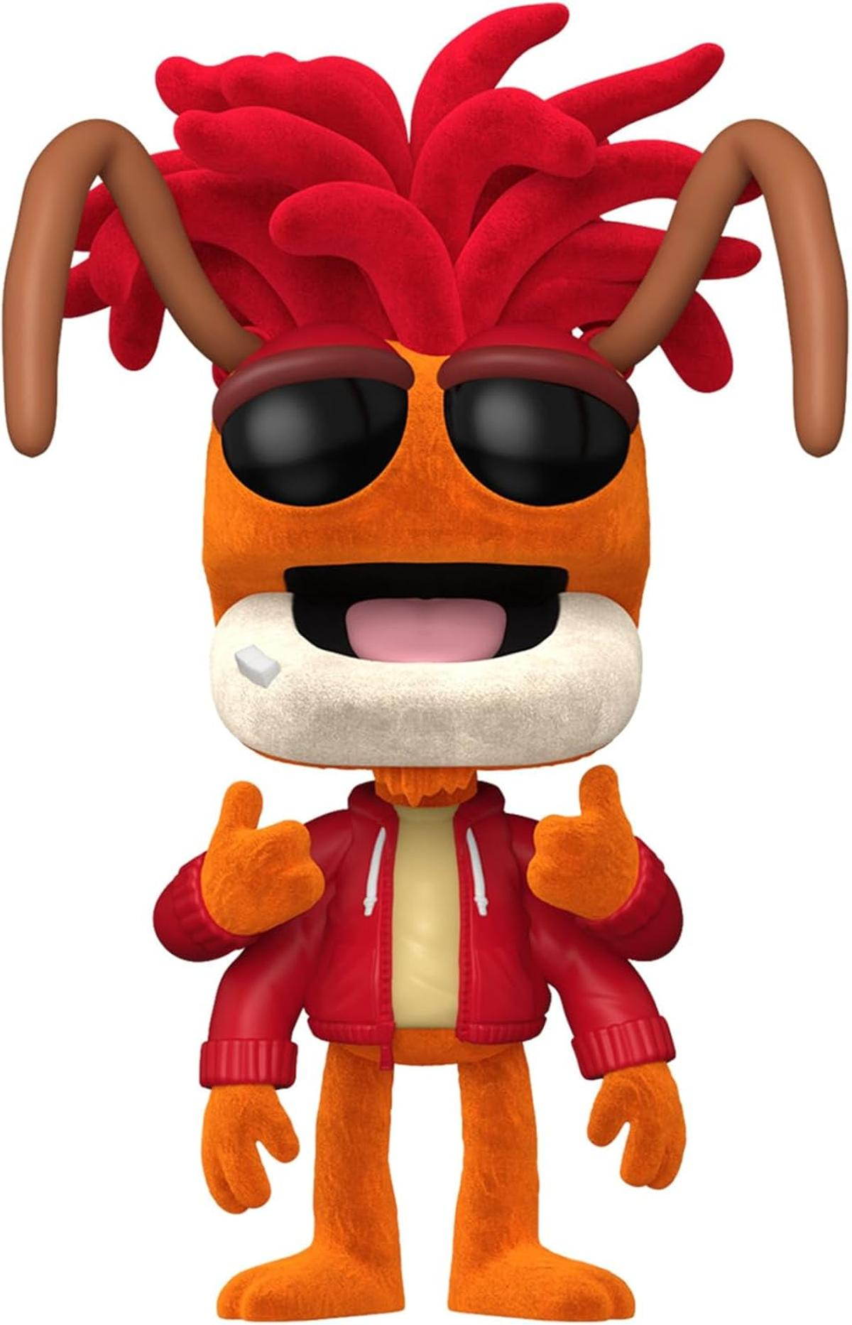 Criatura naranja con pelo rojo, gafas de sol, chaqueta roja y pulgares arriba.