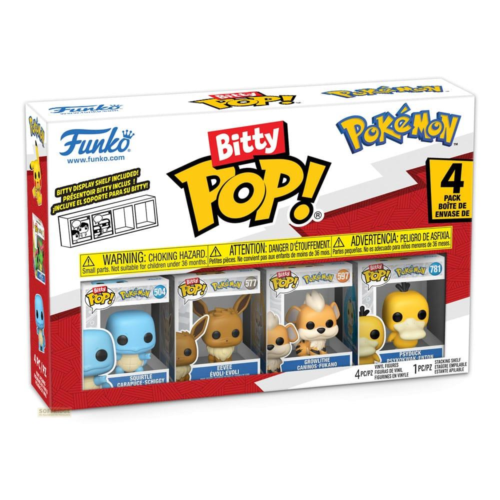 Caja con cuatro figuras Pokémon Bitty Pop!: Squirtle, Eevee, Growlithe y Psyduck.