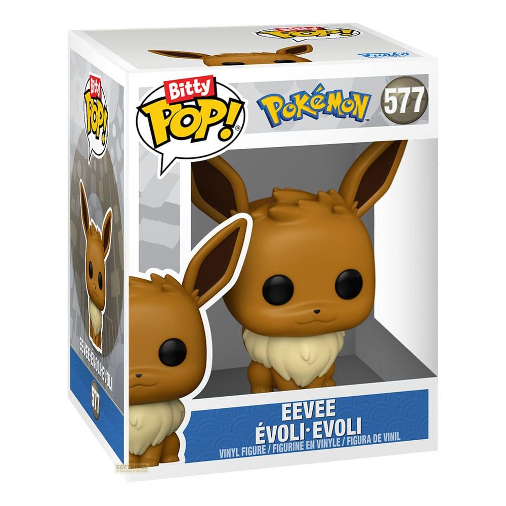 Una figura Funko Pop Eevee en su caja. Eevee es marrón con cuello esponjoso y orejas grandes.