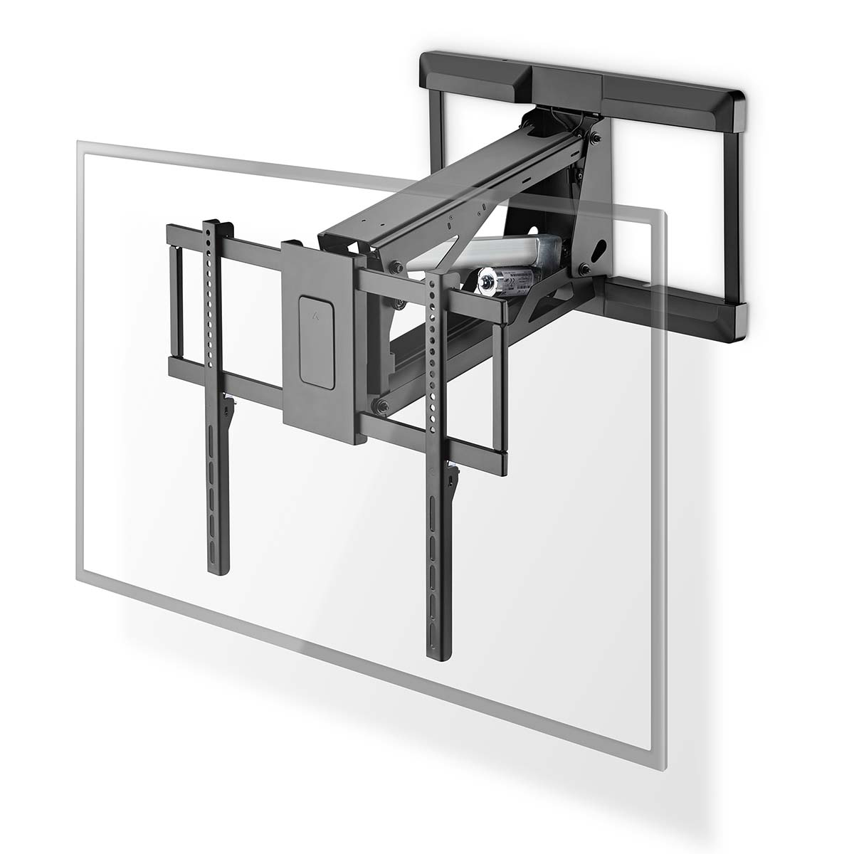Un support mural TV extensible en métal fixé à un mur blanc.