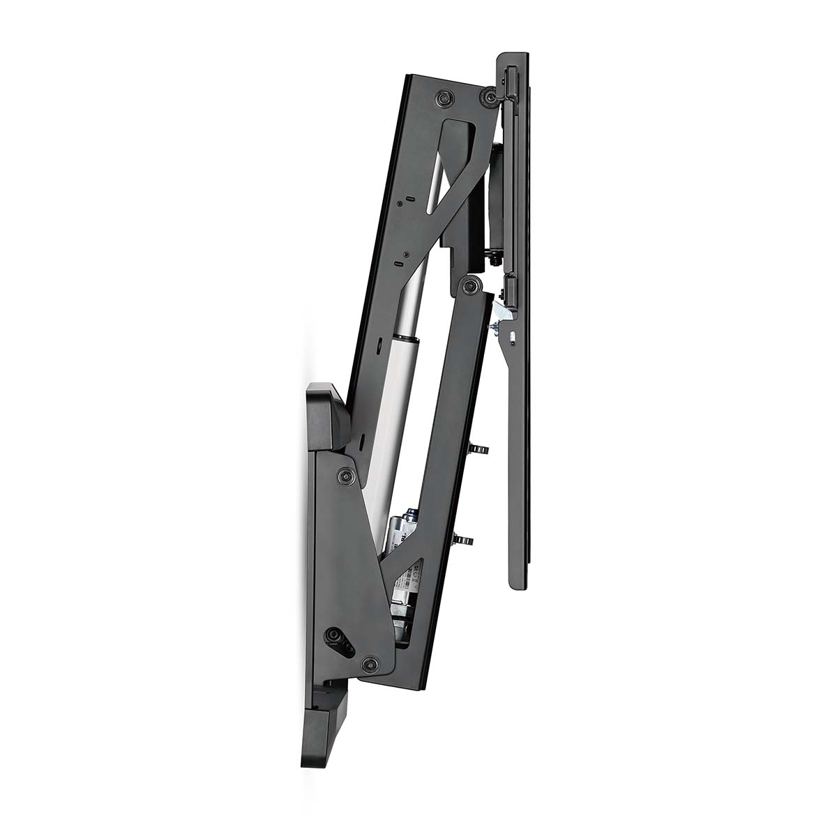 Un support TV noir extensible avec un vérin à gaz argenté, fixé à un mur.