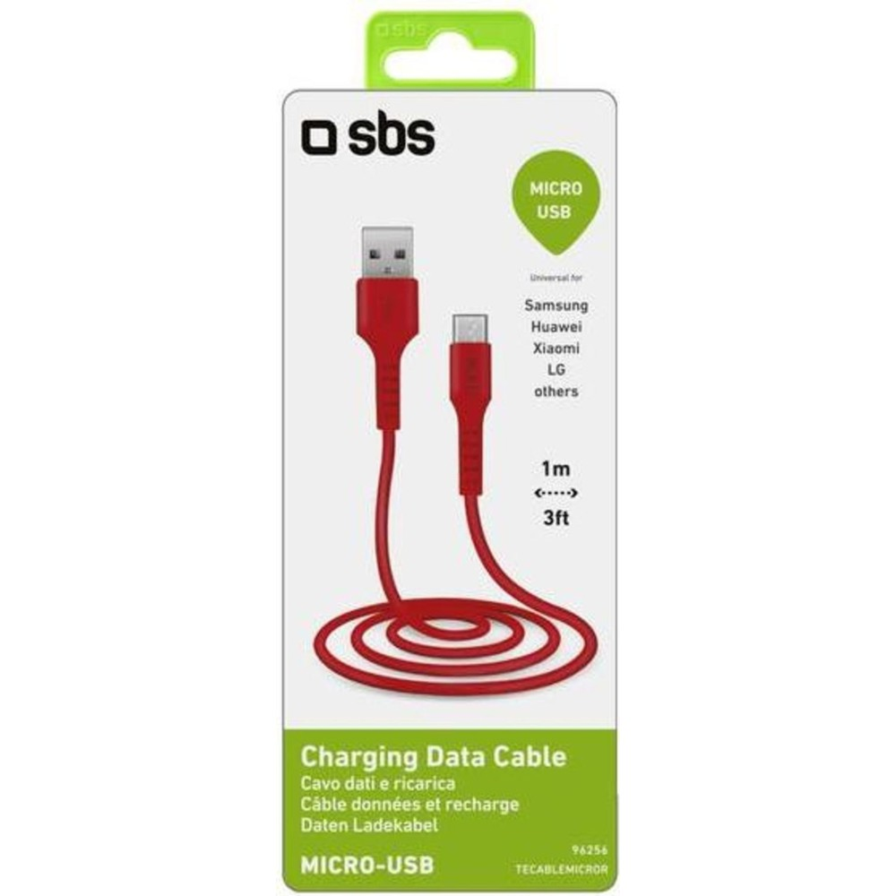 Konektörlerini gösteren kırmızı bir SBS Micro-USB şarj kablosu ambalajı.