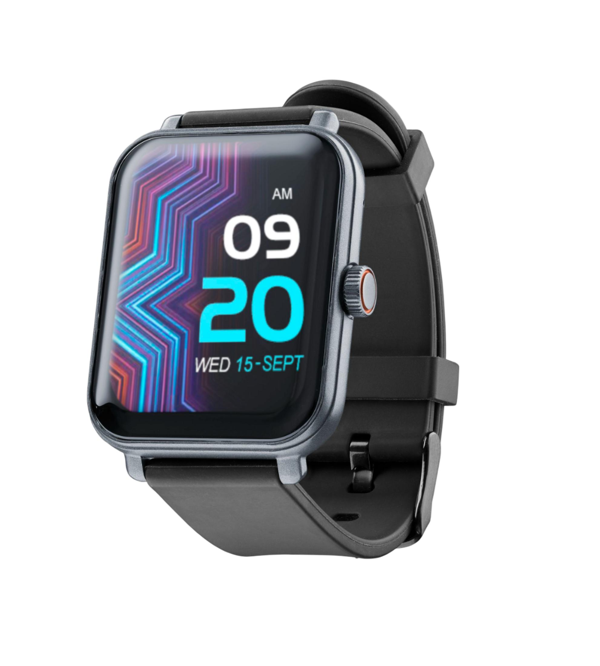 Smartwatch grigio con display colorato che mostra 09:20 e Mer 15 sett.