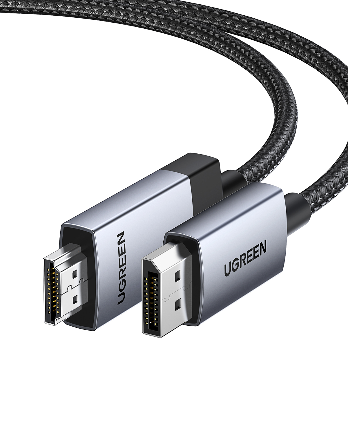 Siyah örgülü kablolu iki gümüş UGREEN HDMI ve DisplayPort konektörü.