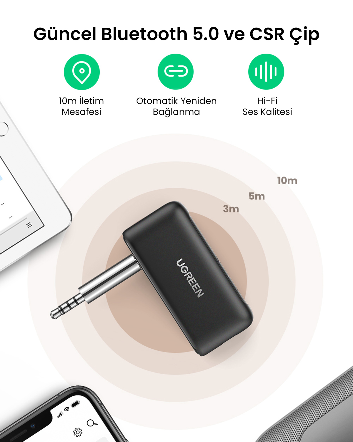 Schwarzer UGREEN Bluetooth-Adapter mit AUX-Stecker, daneben ein Tablet und Smartphone.