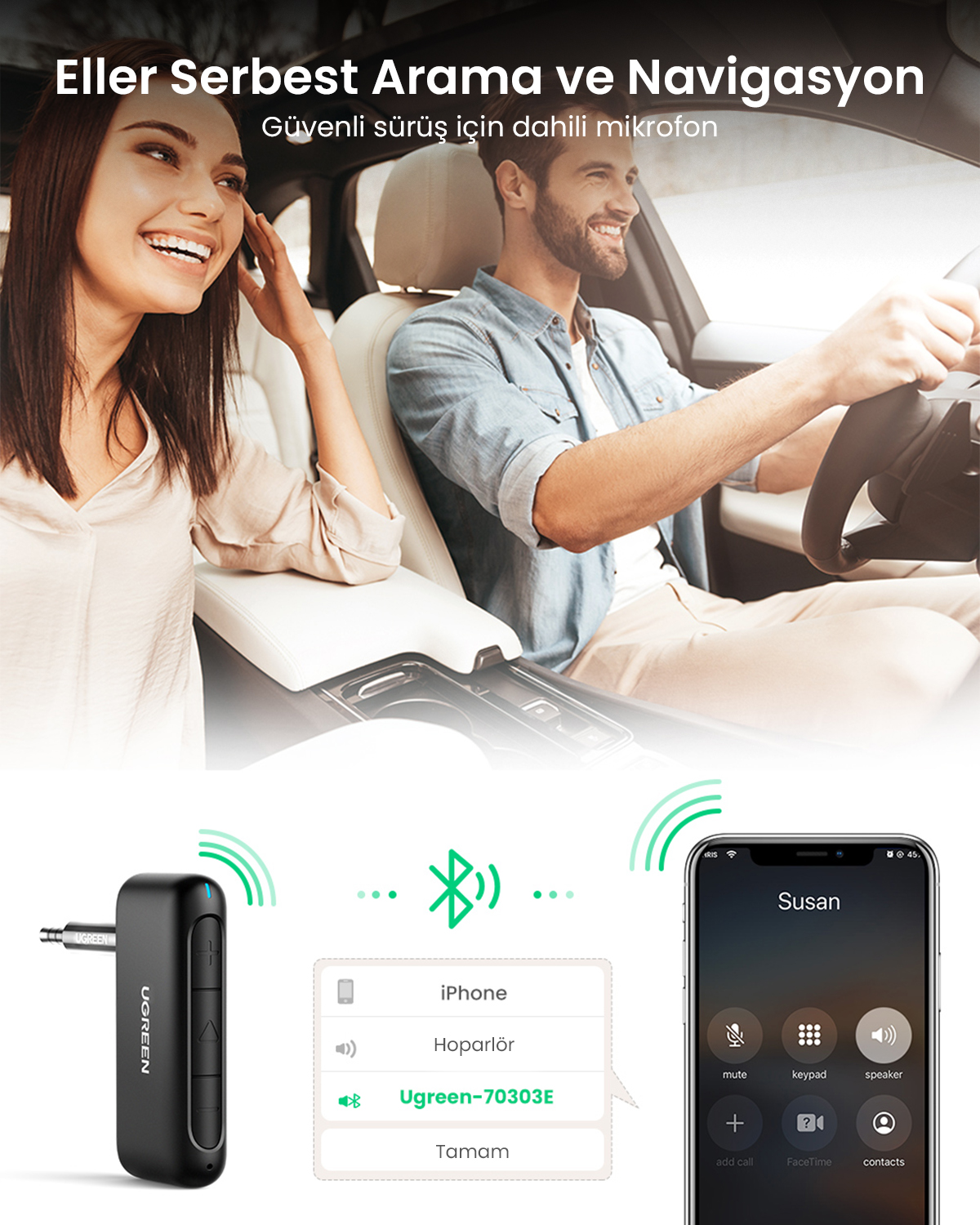 Mann und Frau im Auto, Ugreen-Gerät, iPhone mit Anruf, Bluetooth-Symbol.