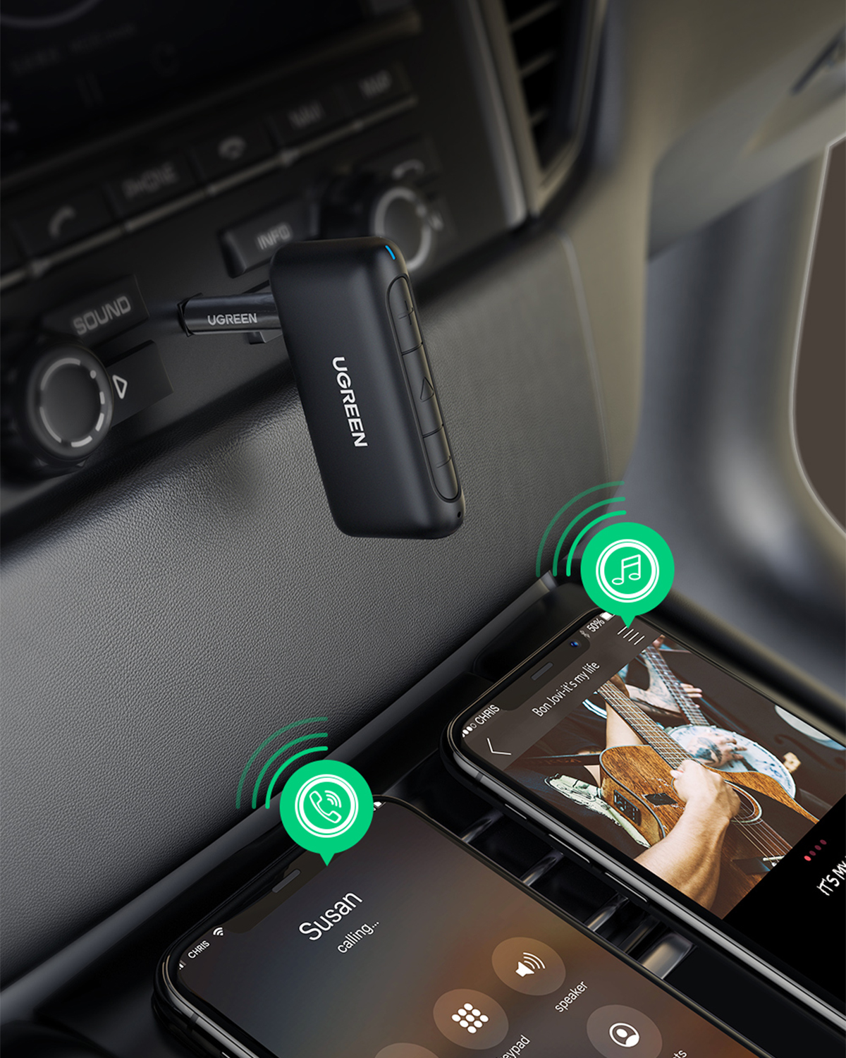 Ein schwarzer UGREEN-Empfänger ist in ein Auto-Audiosystem eingesteckt, zwei Smartphones sind daneben.