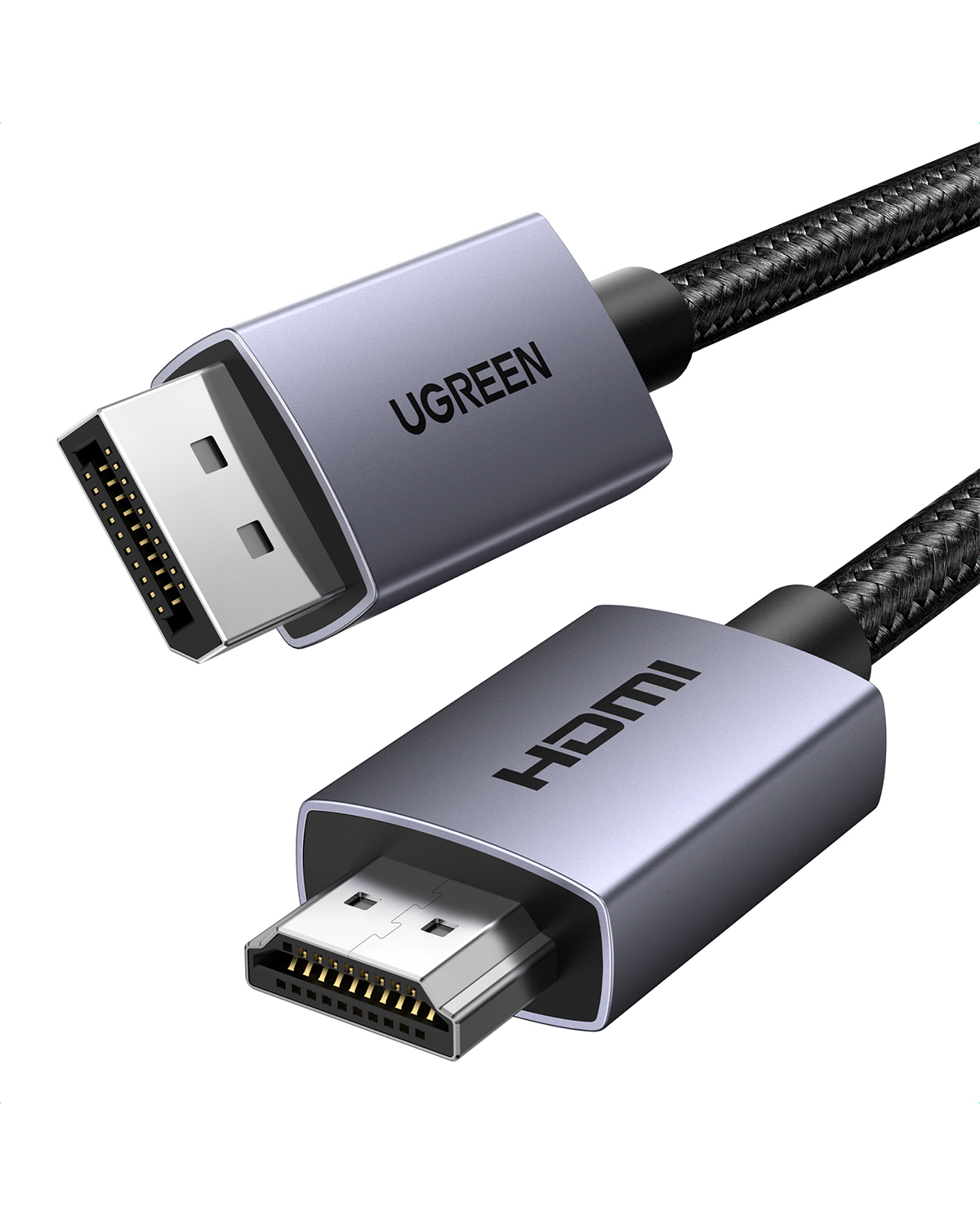 UGREEN ve HDMI kabloları gri konektörler ve siyah örgülü kablolar içerir.