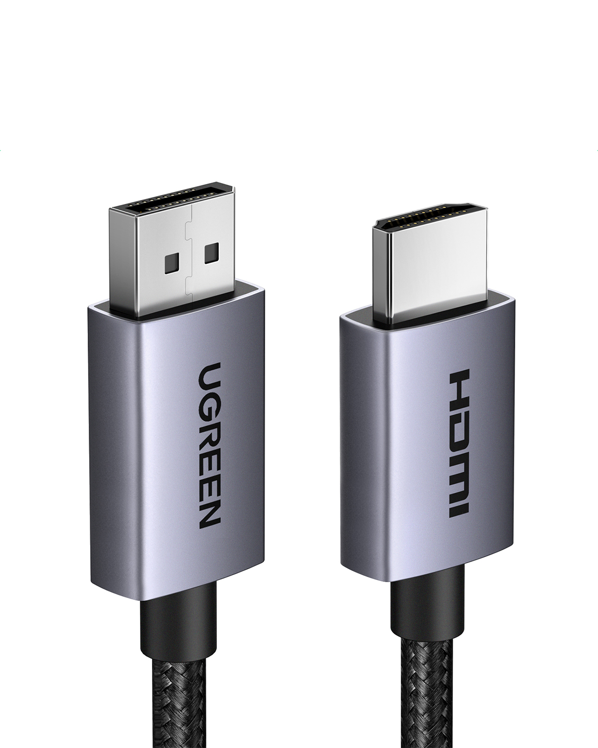Yan yana iki HDMI ve DisplayPort kablo konektörü, siyah kablolu gümüş renginde.