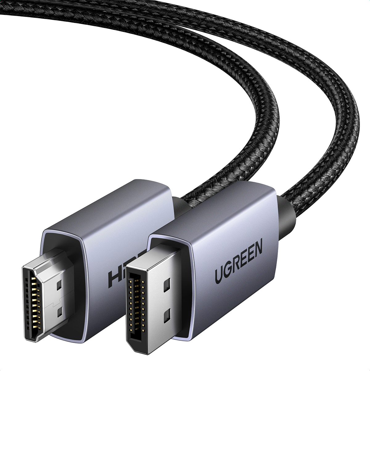 Siyah örgülü kablolu gri HDMI - DisplayPort adaptör kablosu.