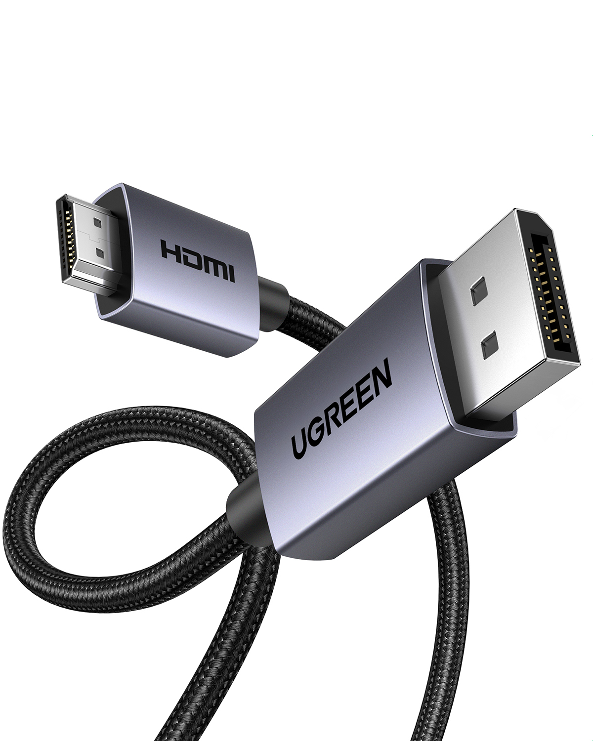 Siyah örgülü kablo ve gümüş konektörlü gri HDMI kablosu.