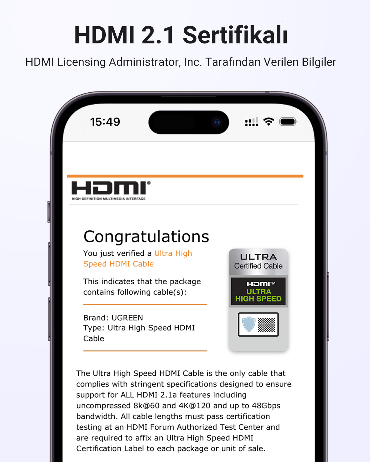 Ein Smartphone-Bildschirm zeigt eine Bestätigung für ein Ultra High Speed HDMI-Kabel von UGREEN.
