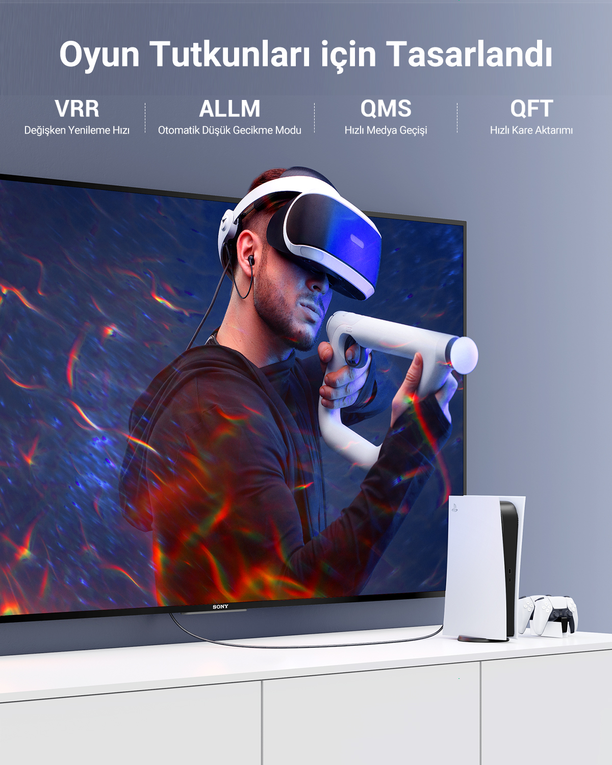 Ein Mann mit VR-Headset spielt ein Spiel auf einem Fernseher neben einer Konsole.