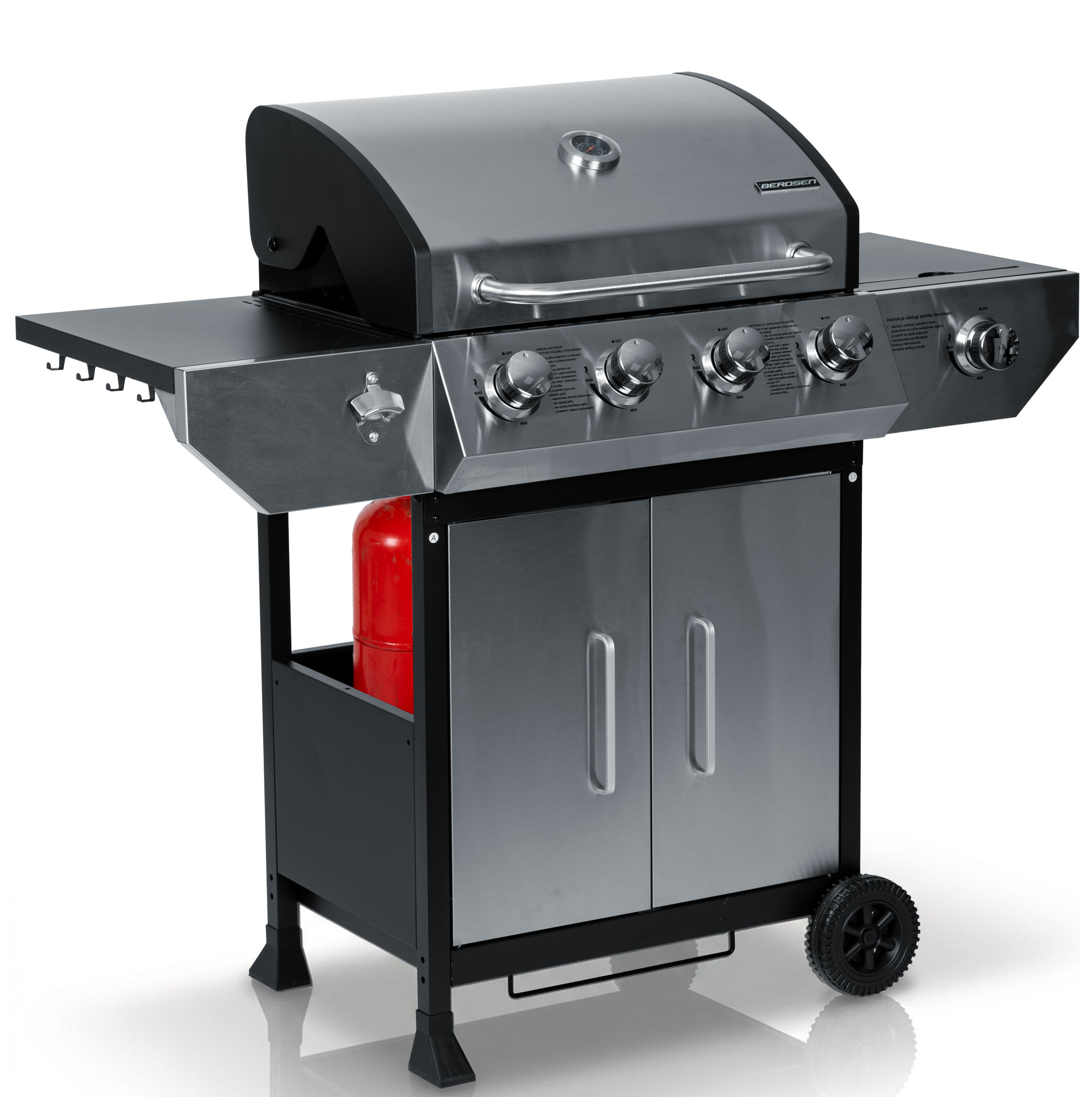 Grill gazowy ze stali nierdzewnej z termometrem, czterema palnikami, otwieraczem i szafką.
