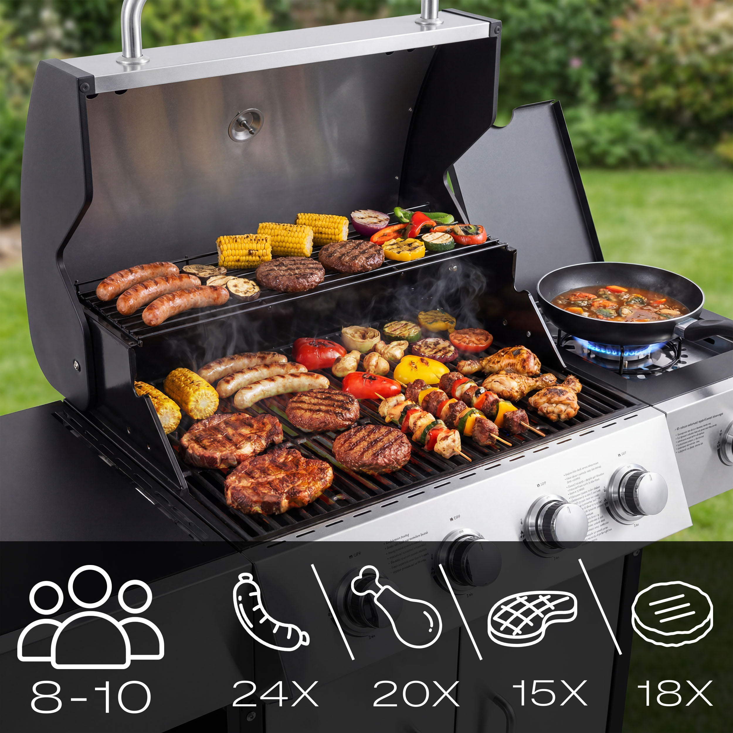 Grill z kiełbasami, burgerami, szaszłykami z kurczaka i kolbami kukurydzy.